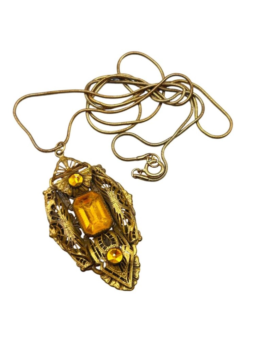 Vintage Art Deco Czech Glass Necklace Amber Glass Stone Pendant Brass Setting